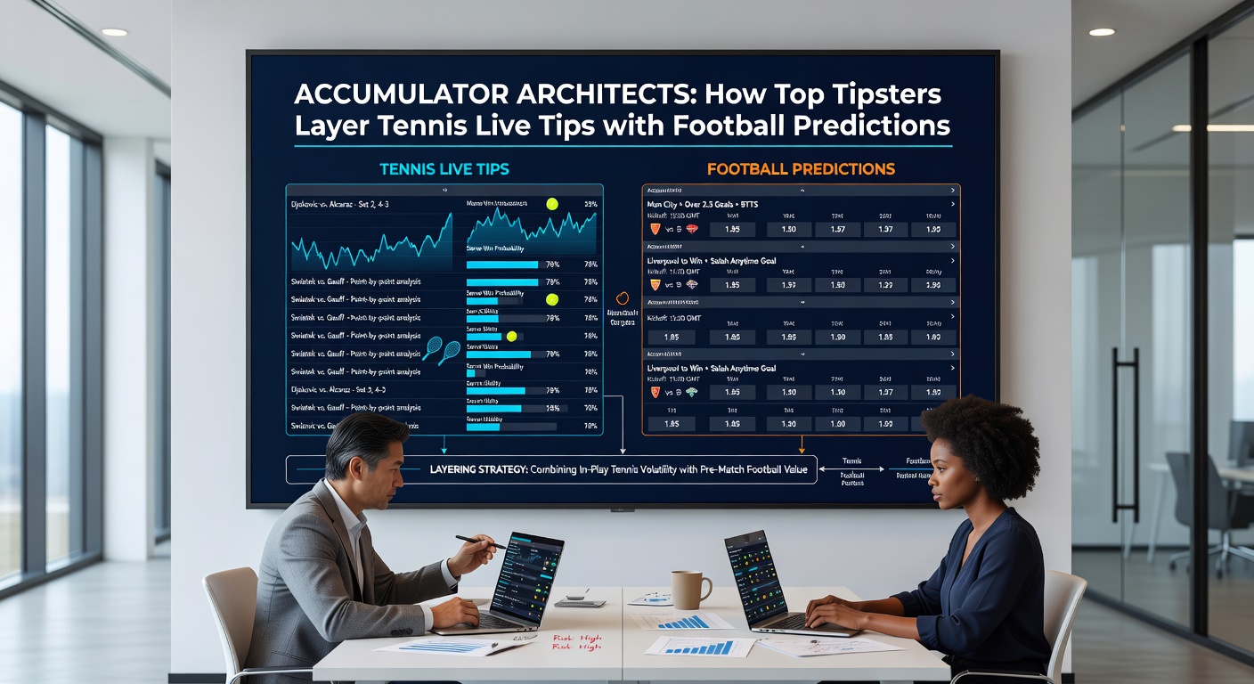 Tipster analyzing live tennis match alongside football stats on multiple screens, highlighting accumulator strategies