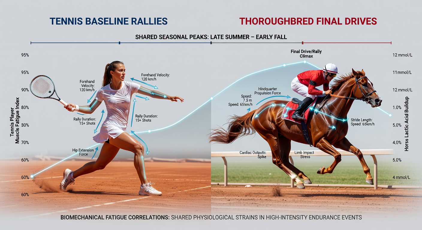 Tennis player executing a baseline rally alongside a thoroughbred horse in final drive position during competition