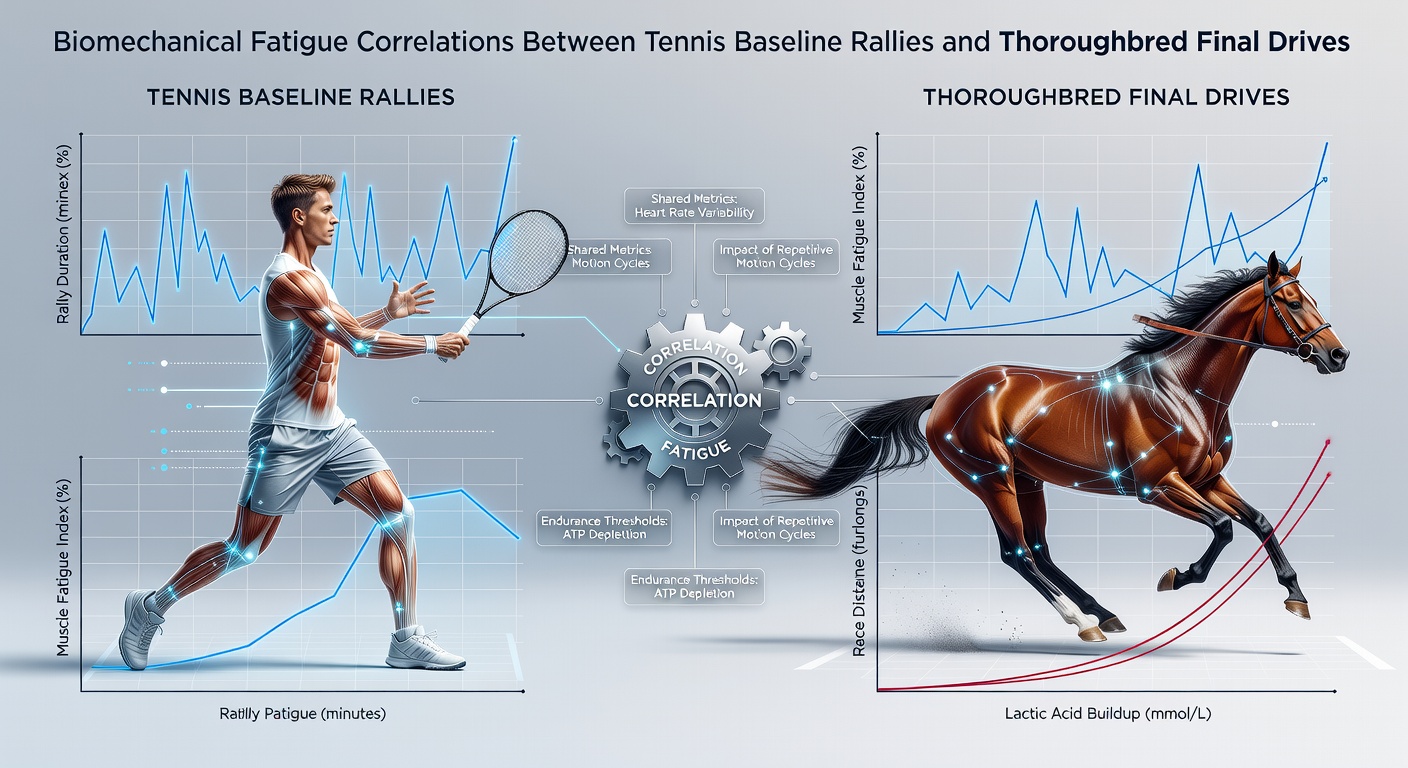 Detailed motion capture analysis showing fatigue indicators in tennis footwork and thoroughbred gallop mechanics