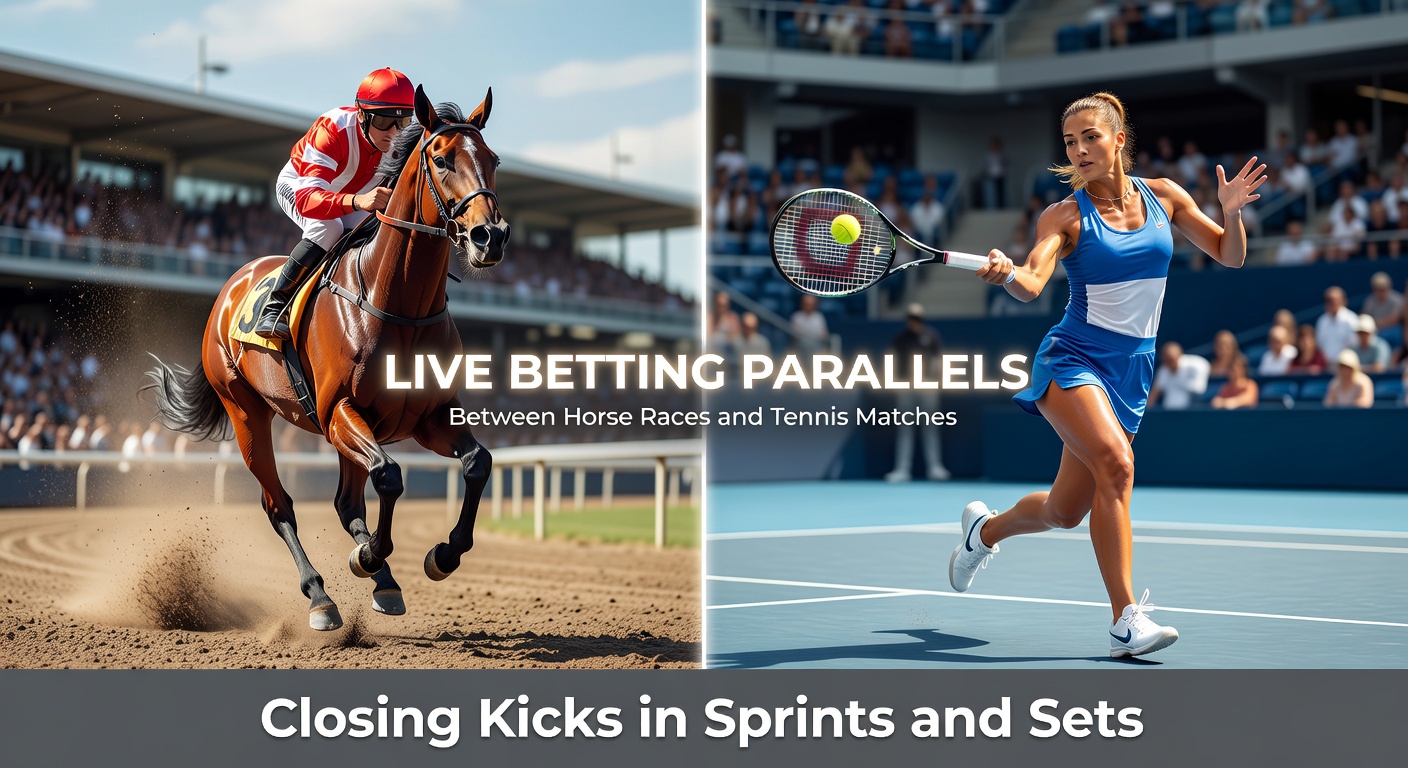 A tense horse sprint finish with jockeys urging mounts forward, mirroring a tennis player's intense serve in a crucial set point