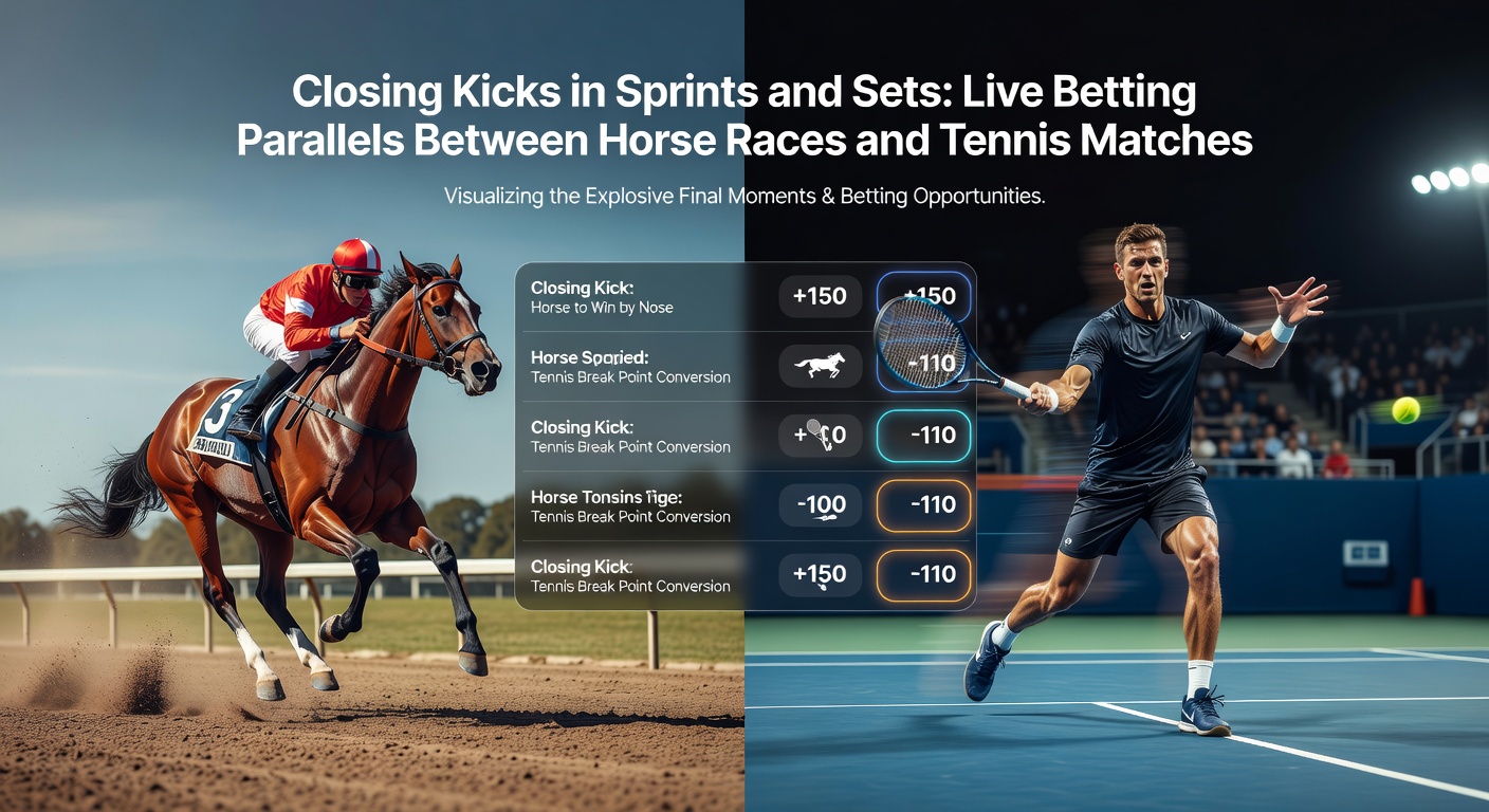 Split image showing a horse powering through the final furlong alongside a tennis tiebreak showdown, capturing parallel intensity in live betting scenarios