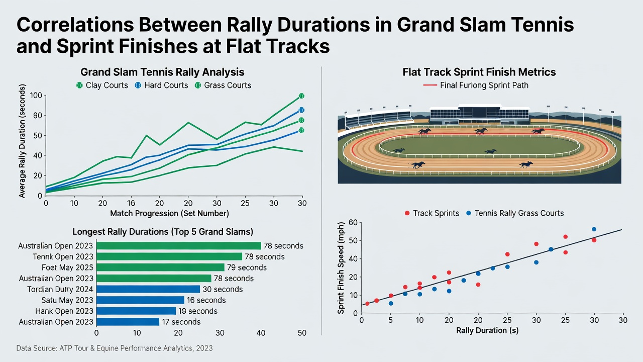 Data charts displaying rally duration statistics next to sprint finish margin graphs from flat racing meetings