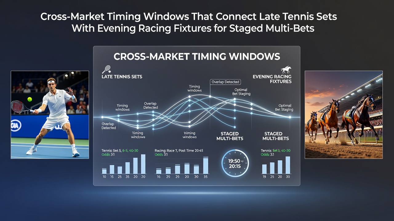 Tennis court under evening lights with overlapping racecourse schedule graphic