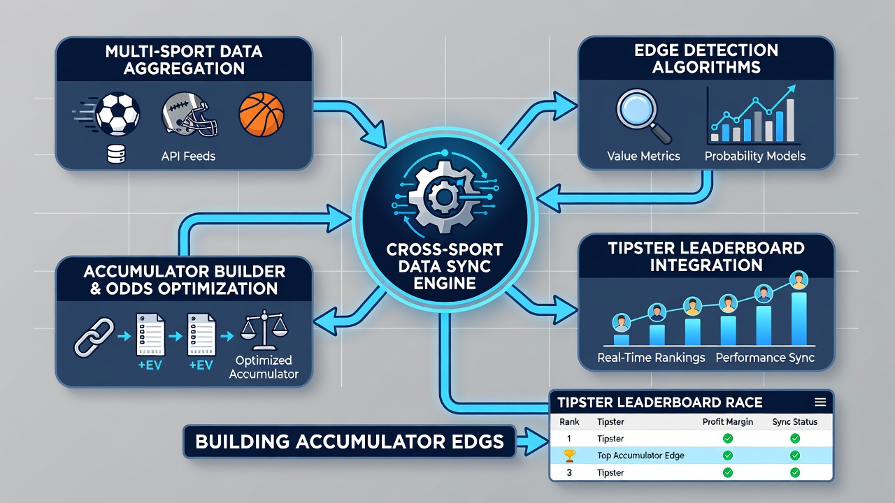 Dashboard interface displaying synchronized accumulator calculations across football, tennis and horse racing datasets