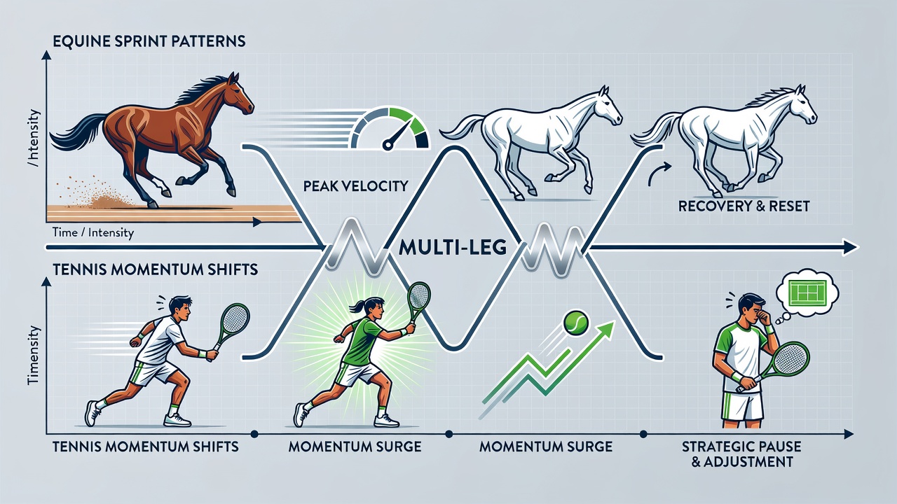 Data dashboard showing overlaid equine sprint timing and tennis momentum metrics for accumulator planning