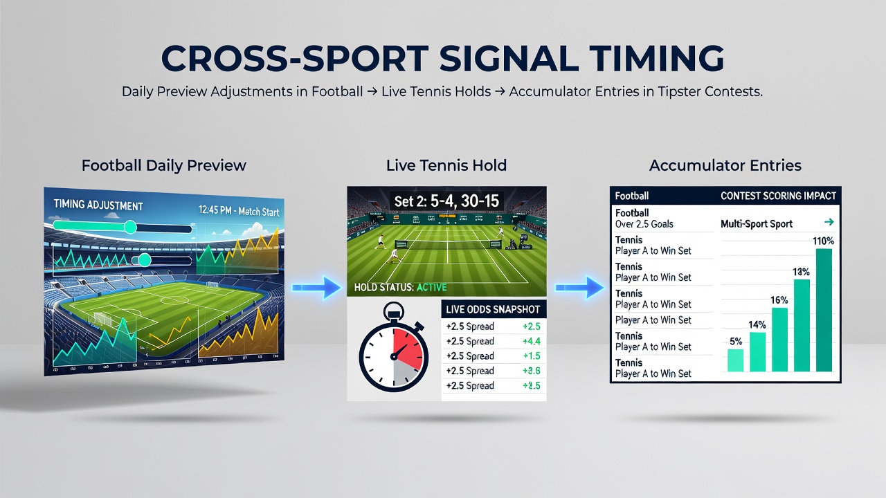 Cross-sport betting signal timing illustration showing football and tennis data overlays