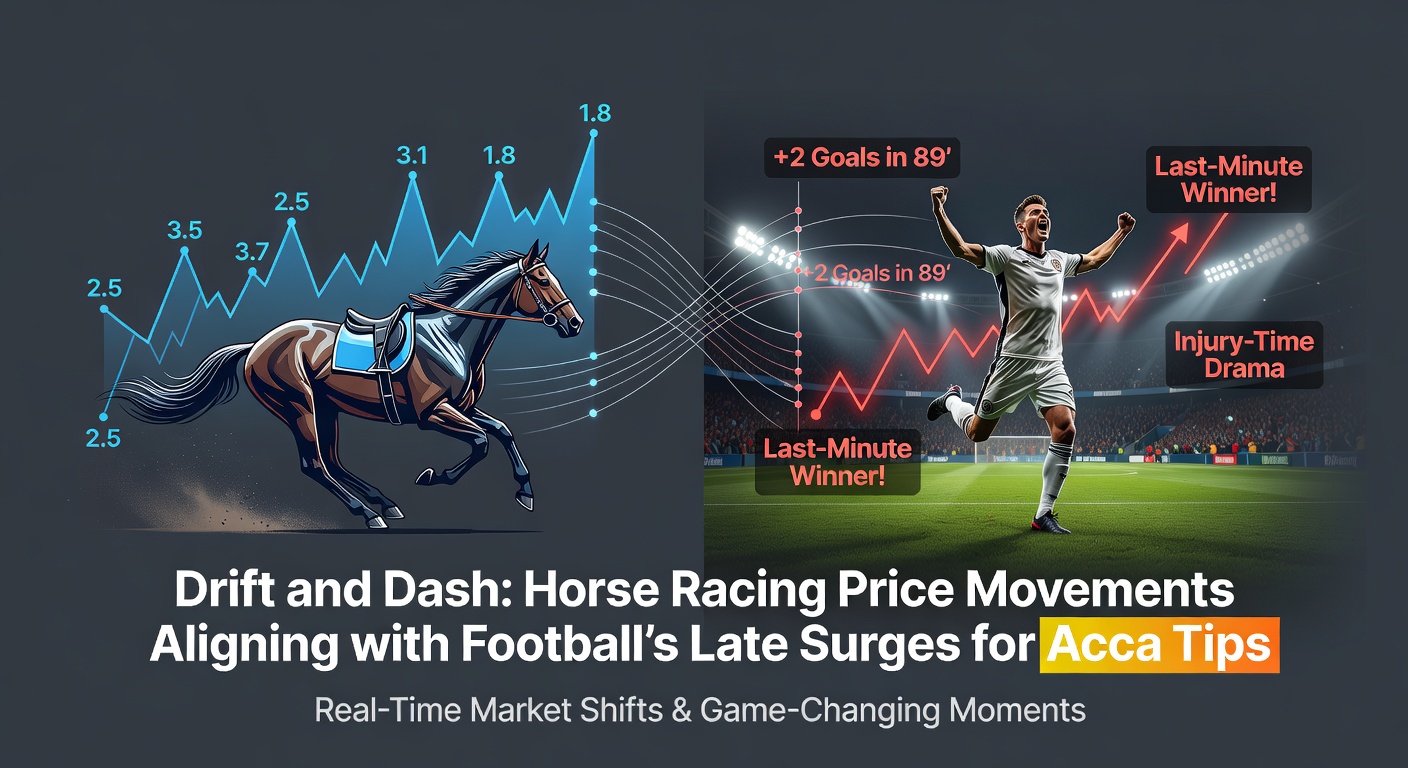 Dynamic horse racing scene showing odds board with drifting prices during a sprint race, overlaid with football stadium lights in the background