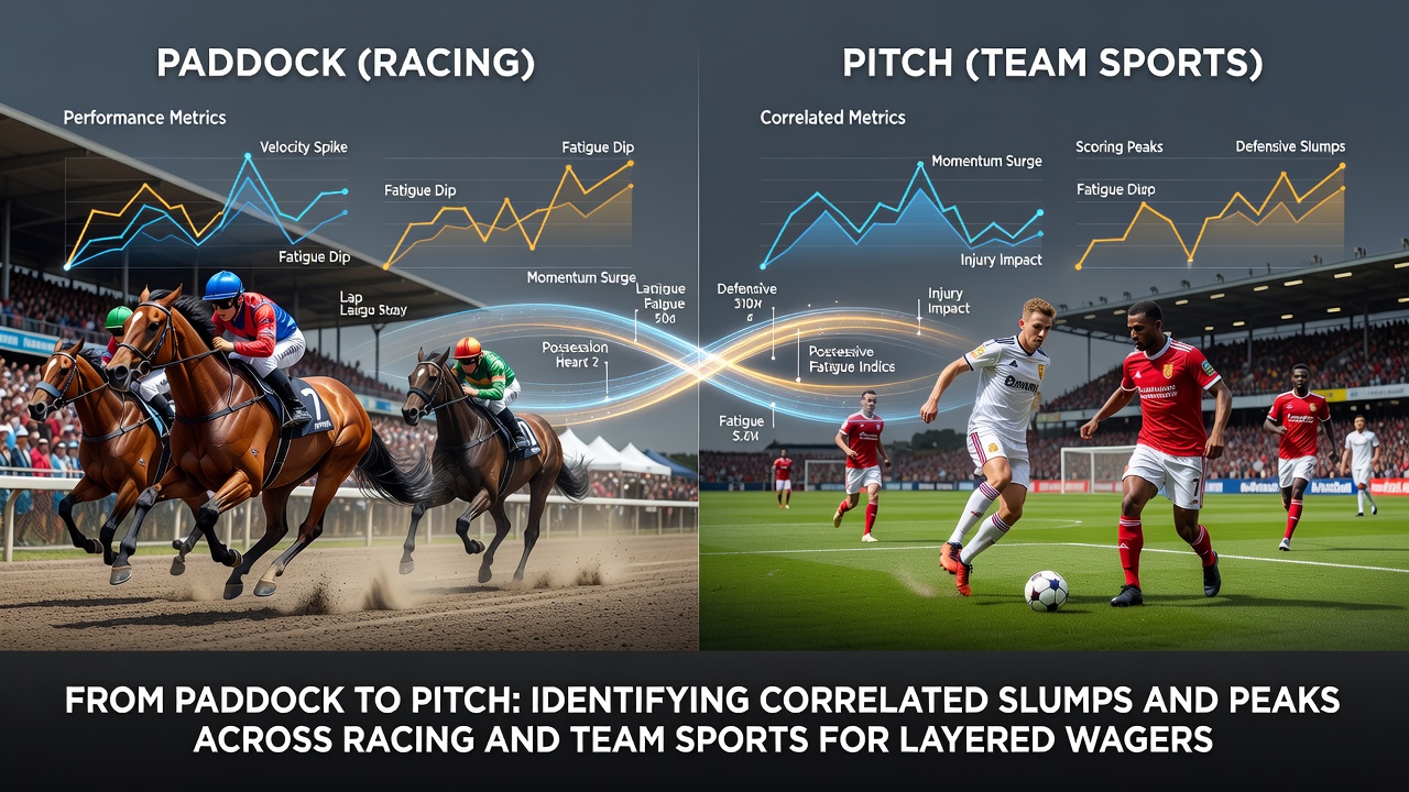 Paddock inspection alongside football pitch action highlighting performance correlation patterns in racing and team sports betting