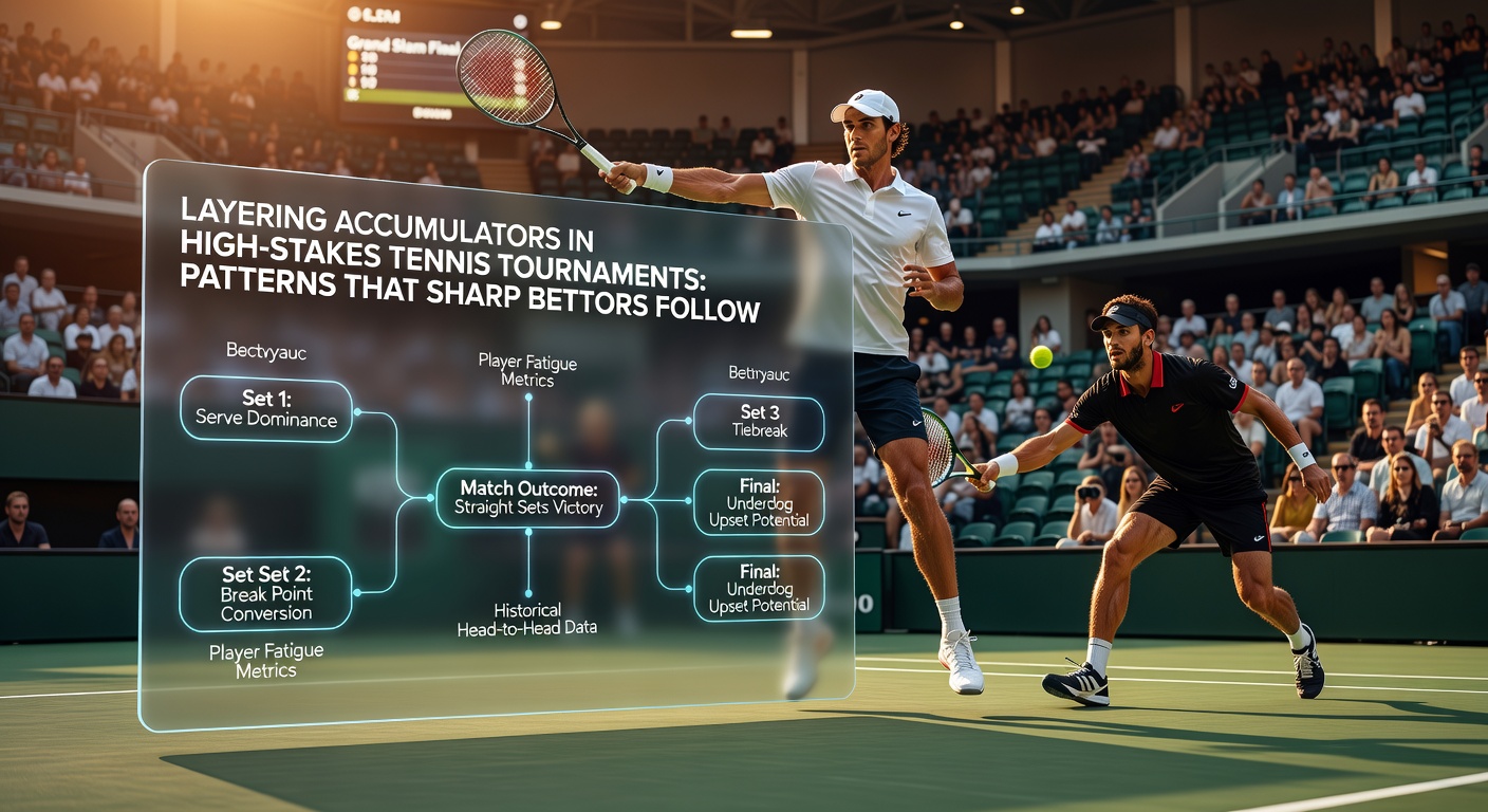 Tennis players competing in a high-stakes ATP tournament match, with betting odds overlay highlighting accumulator strategies