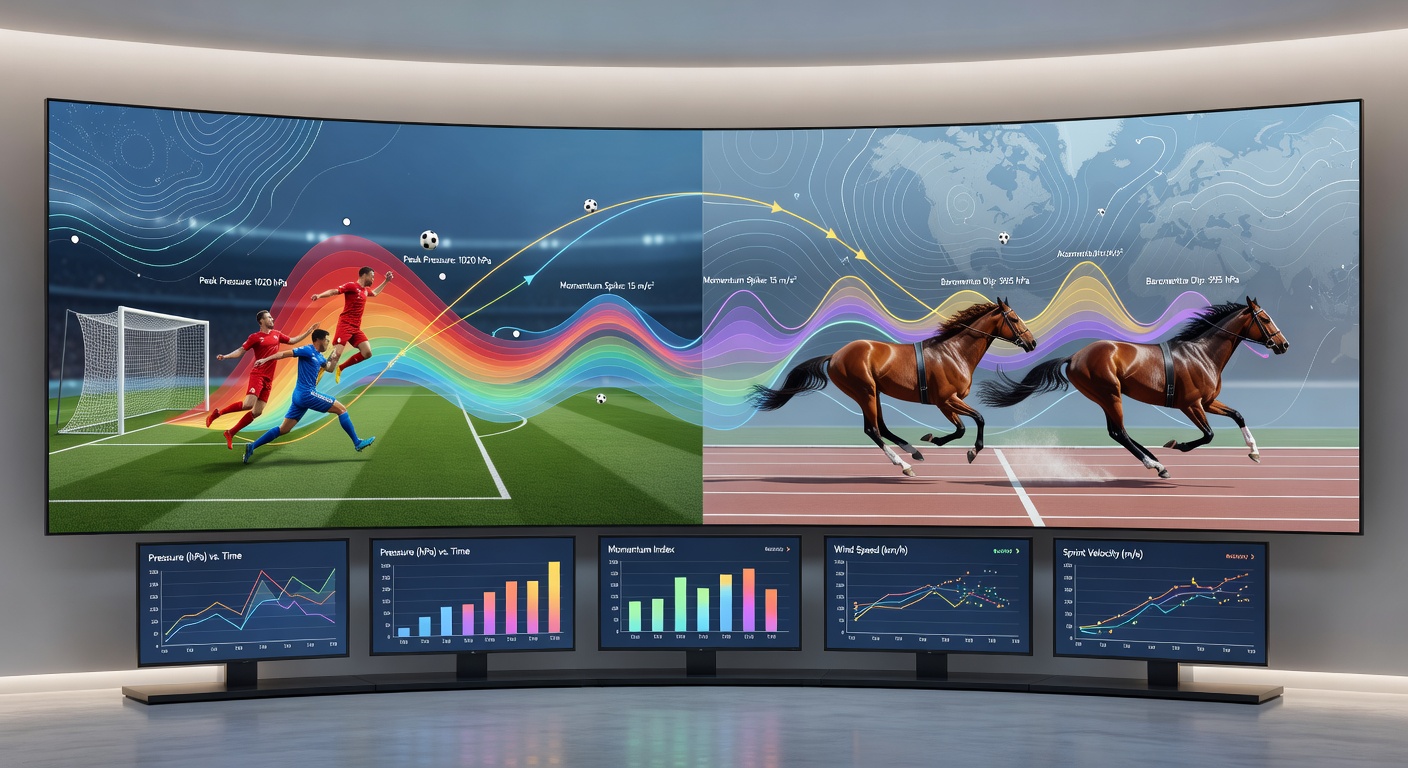 Horse racing finish line with overlaid pressure charts and live betting momentum indicators