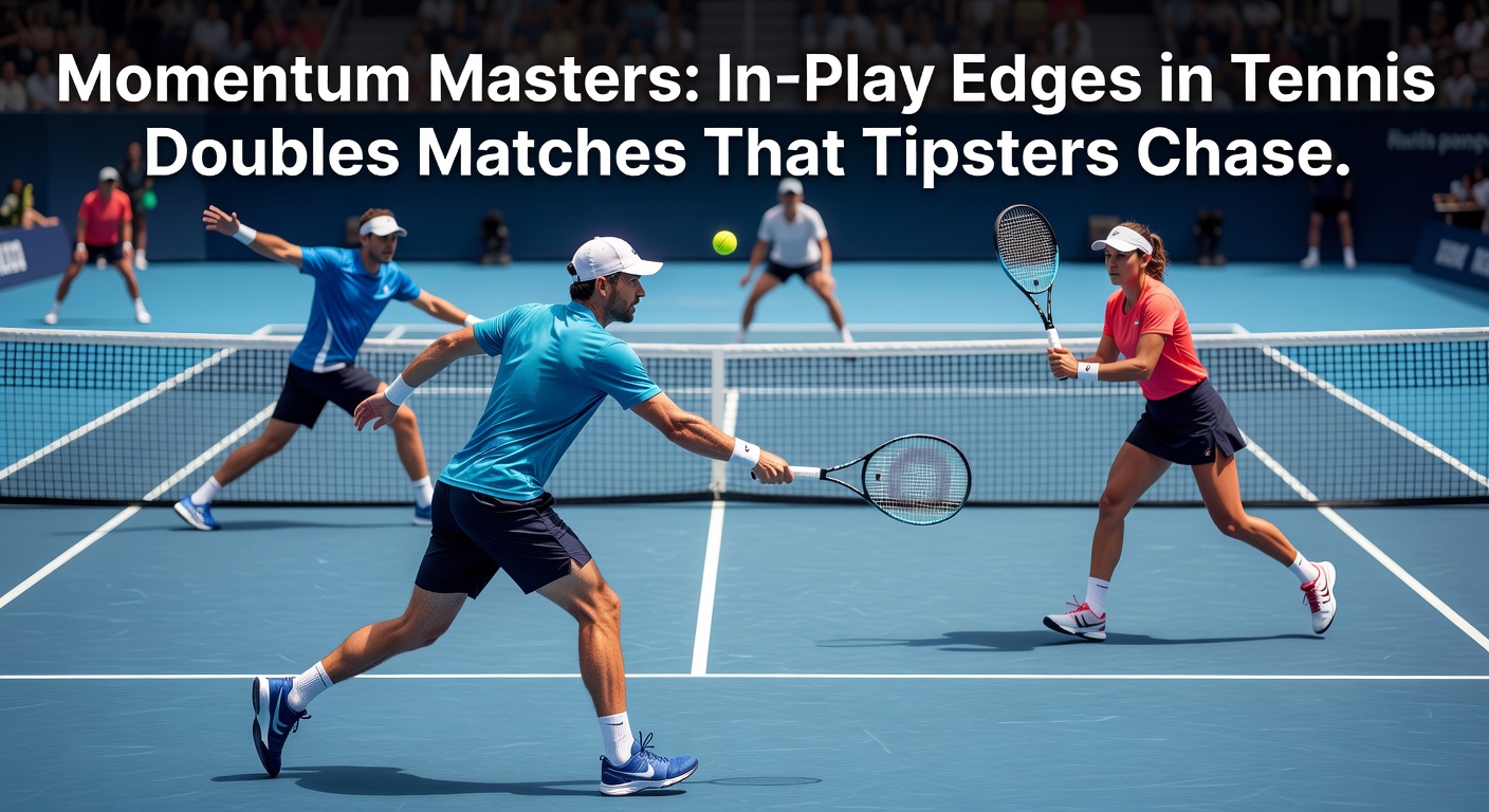 Tennis doubles players mid-rally on clay court, capturing intense momentum shift
