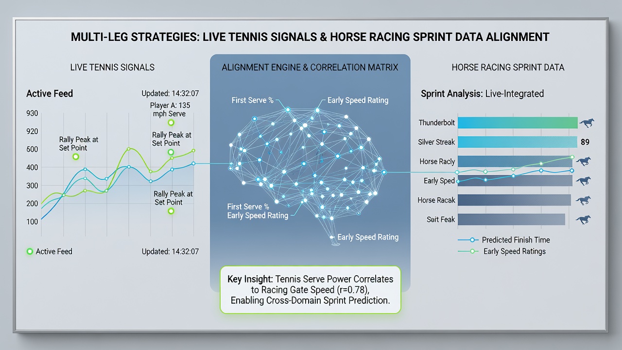 Split-screen view of tennis match statistics next to horse racing sprint timing charts used in accumulator planning