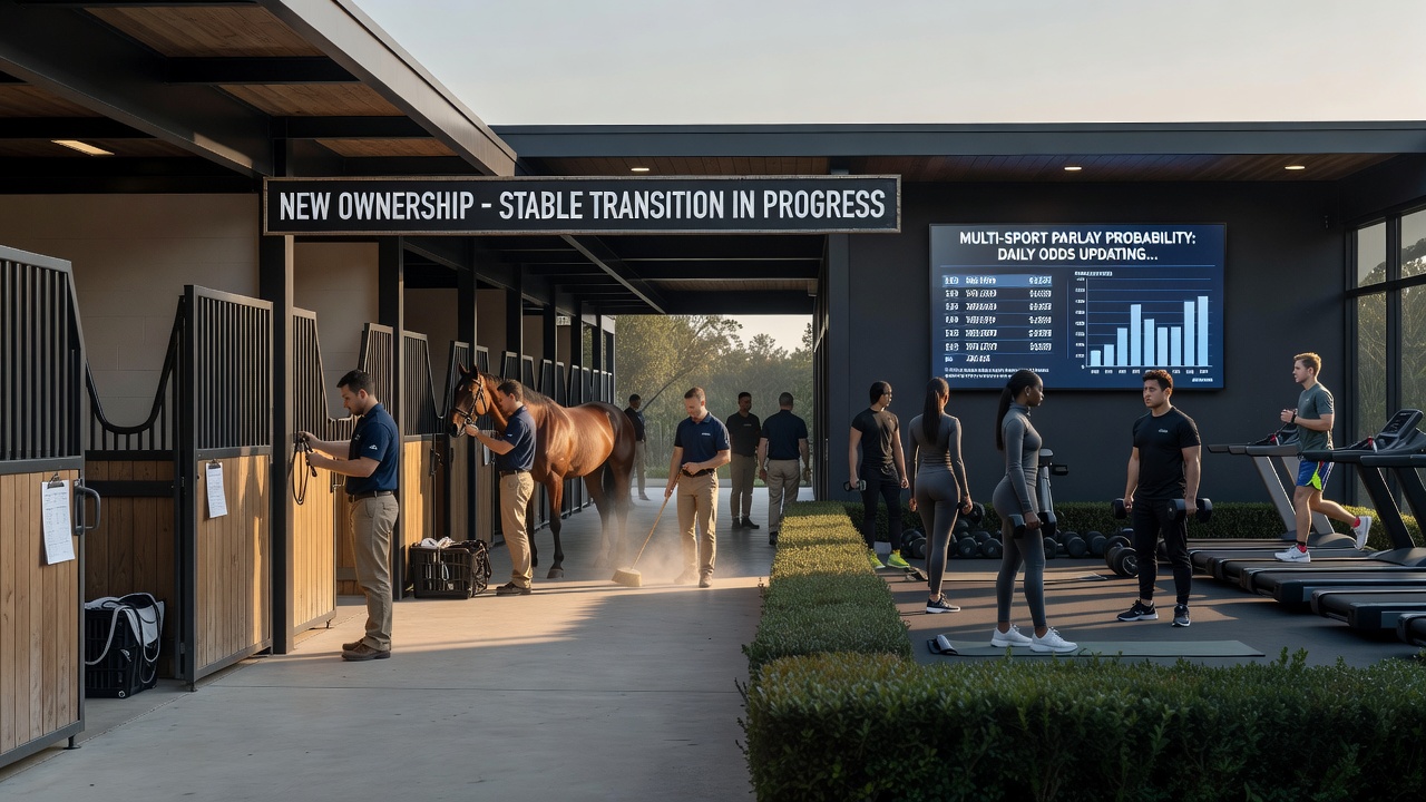 Horse racing stable yard during an ownership handover with trainers and owners discussing horse schedules