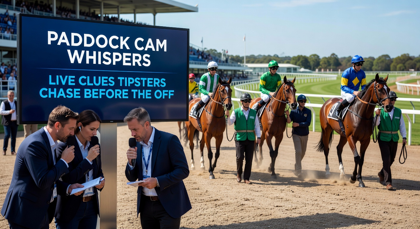 Horse in paddock under camera scrutiny, handlers adjusting gear moments before race entry
