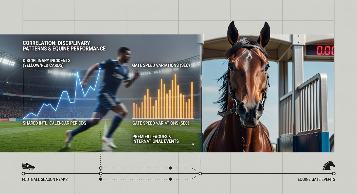 Analysis chart showing disciplinary records from premier football leagues alongside equine gate speed metrics during overlapping international event periods