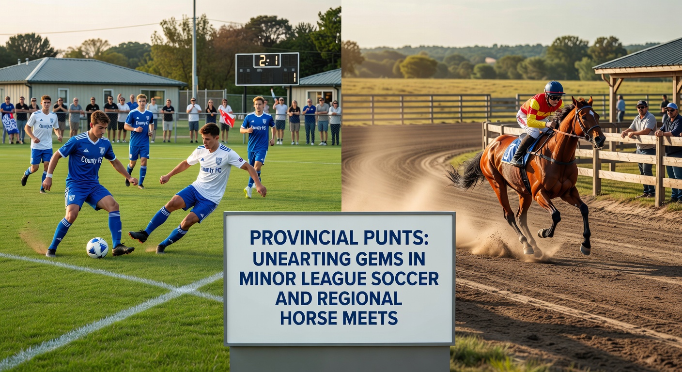 Horses thundering down a regional dirt track at a local meet, with jockeys urging them on amid a backdrop of rural countryside and sparse crowds