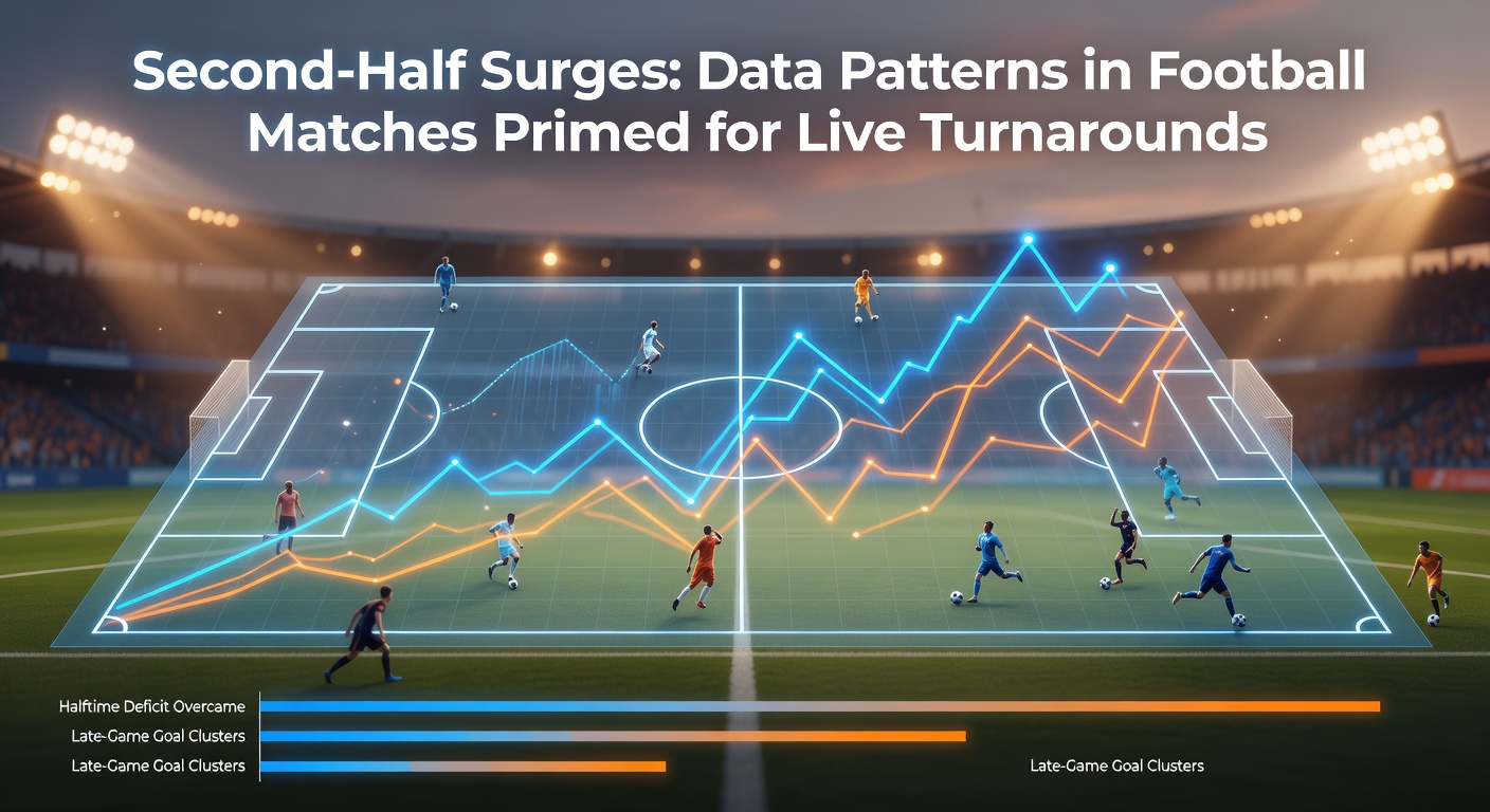 Line graph illustrating second-half goal spikes across major European football leagues, highlighting turnaround patterns in closely contested matches