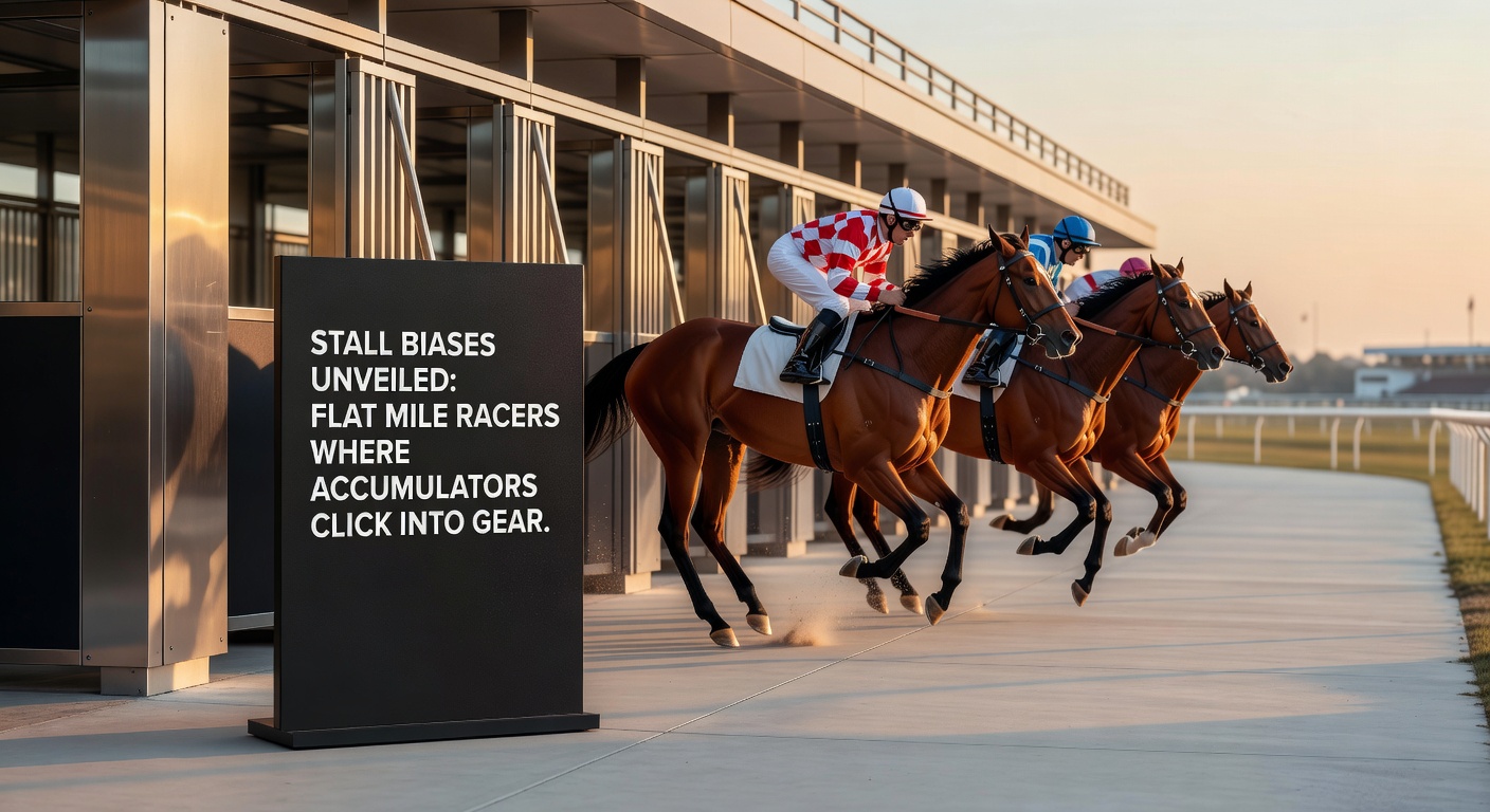 Close-up of horses bursting from stalls in a flat mile race, illustrating draw positions and early race dynamics