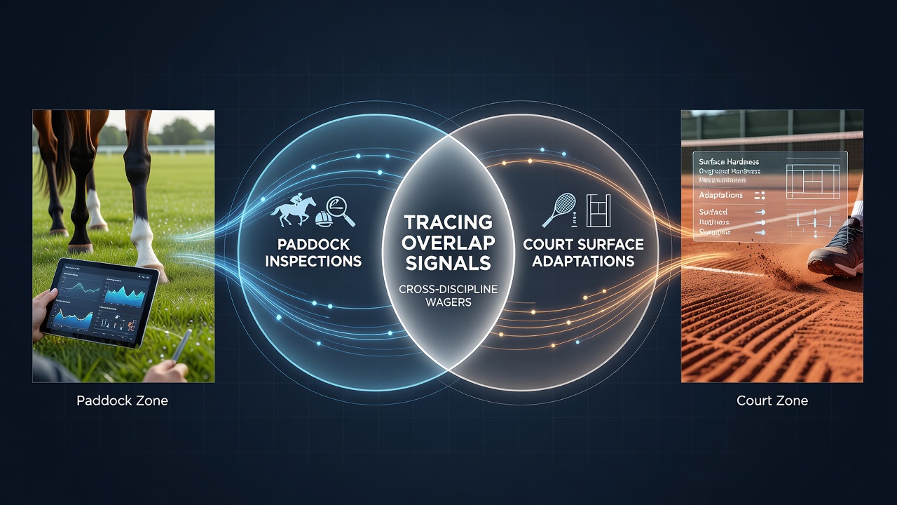 Paddock inspection scene at a racecourse with handlers and horses, alongside a tennis court surface transition diagram