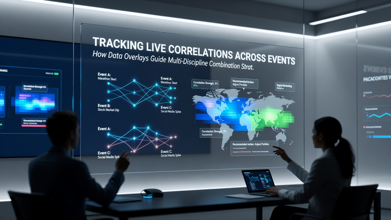 Multi-sport data overlay interface displaying synchronized event timelines and correlation heatmaps for combination strategy planning