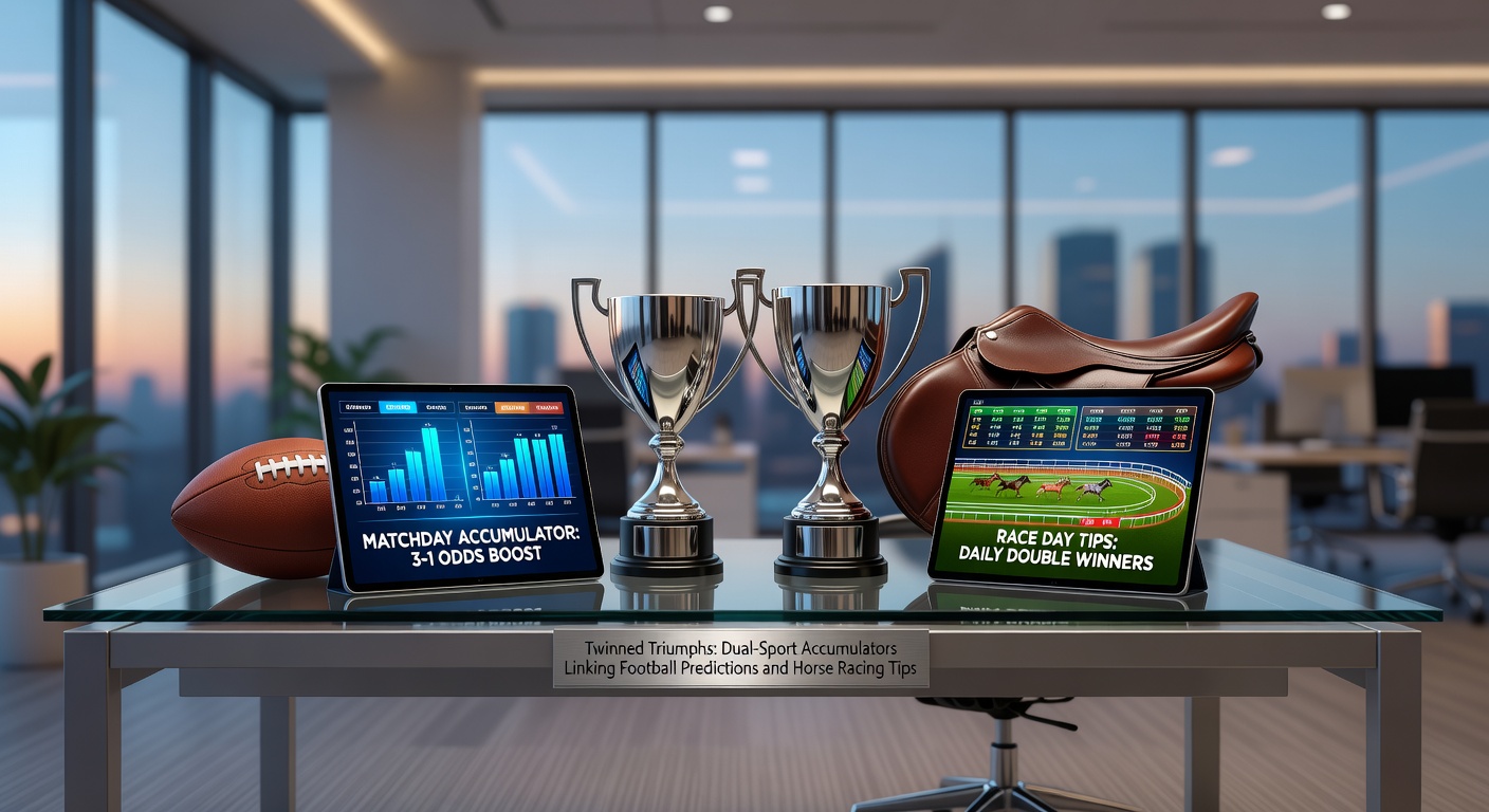 Dynamic split-image showing a football pitch action shot alongside a horse racing finish line, symbolizing combined betting accumulators