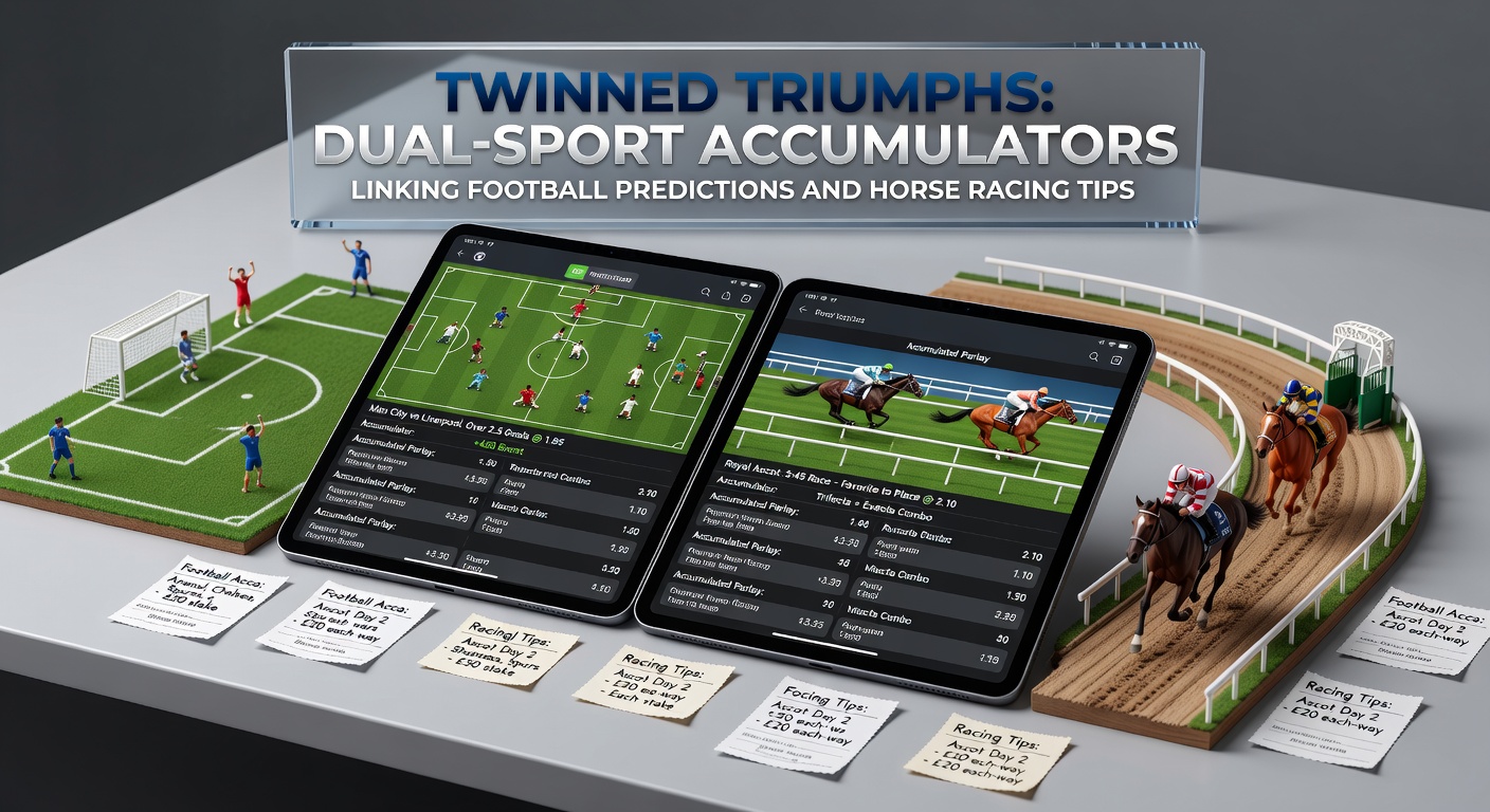 Infographic-style chart displaying accumulator payout examples from football matches and horse races, with overlaid odds multipliers and success stats